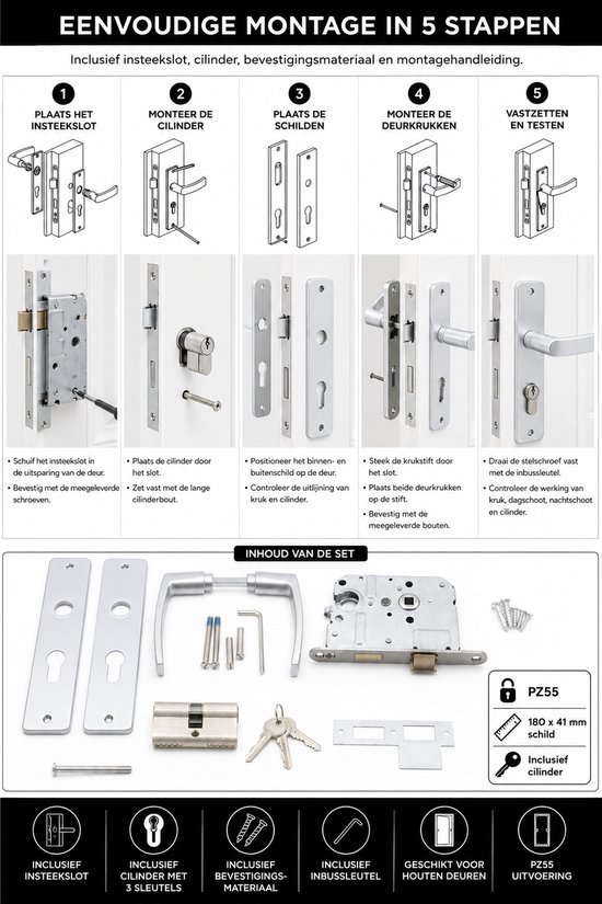Slotman Solutions Complete Deurbeslagset Zilver | Aluminium Deurklinkset met Insteekslot en Profielcilinder 30/30 incl. 3 Sleutels | PZ55 | Voor Binnendeuren | 180 x 41 mm