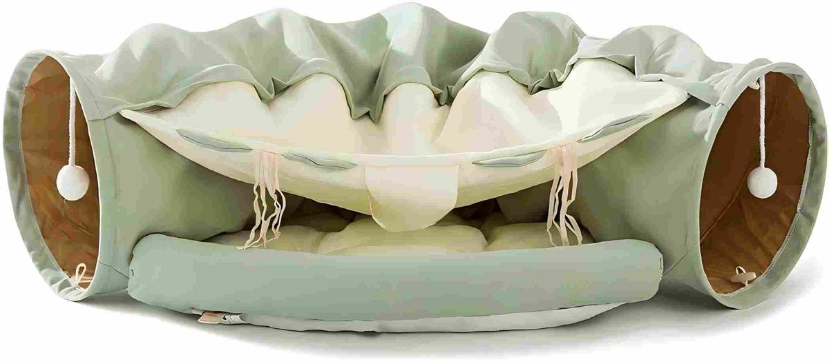 Kattentunnel met Kattenmand & Slaapplaats – Opvouwbare Speeltunnel voor Katten en Kleine Honden – Zachte 3-in-1 Katten Tunnel met Speelballen & Uitneembaar Kussen – Matcha & Koffie