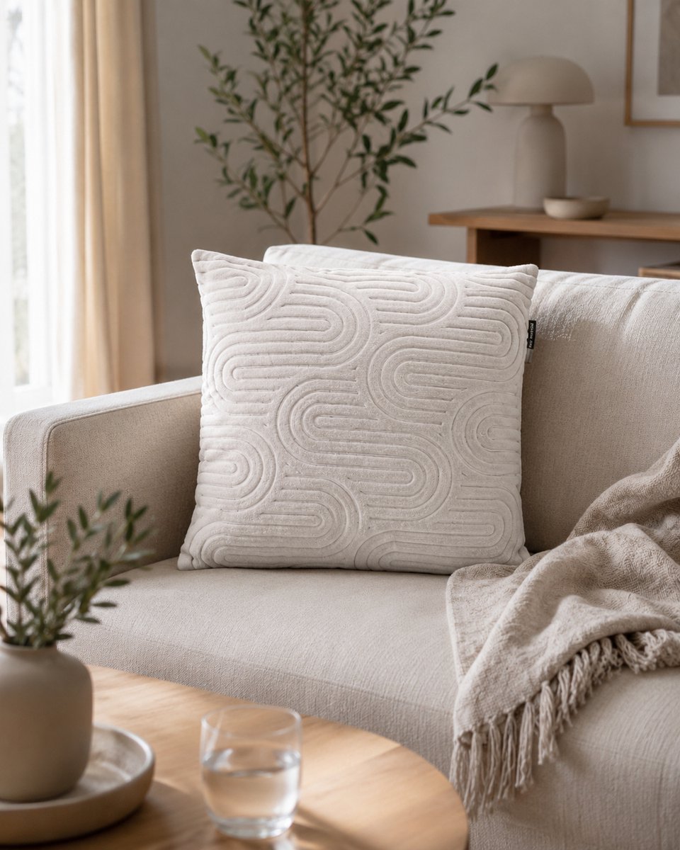 Pila Sierkussen 45 x 45 cm – Modern Reliëf Design – Fluweel – Crème
