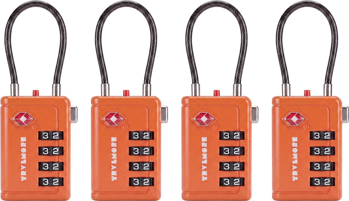 TRVLMORE Kofferslot met Kabel - TSA Gecertificeerd - Alarmfunctie - 4-Cijferig - 4 Stuks - Oranje