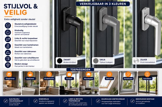 Stijlvolle & veilige raamkrukken in zwart, grijs en zilver. Extra veiligheid zonder sleutel.