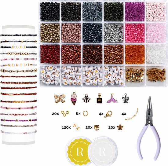 RICHLY® Kralen set Luxe - gratis E-BOOK & Instructieboekje - Complete set & Premium verpakking - 4500+ kralen - 6 Bedels & Gouden RVS-accessoires - Armbandjes maken meisjes - Sieraden Maken - Goud & Herfstkleuren - Letterkralen - Kralenketting