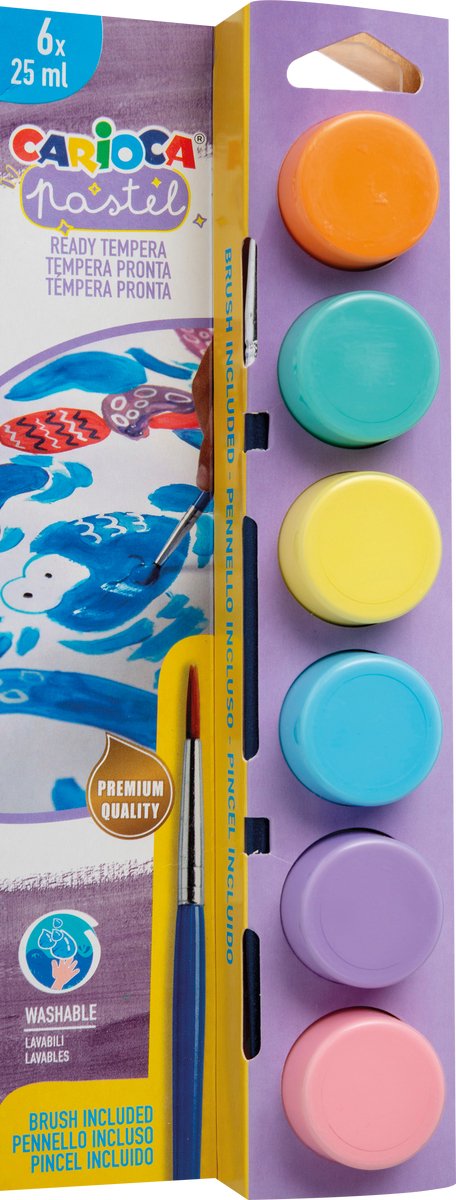 CARIOCA Plakkaatverf Pastel - 6 x 25 ml - Inclusief penseel - Uitwasbaar - Gouache verfset voor kinderen - Direct klaar voor gebruik