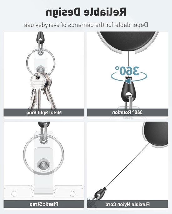 5-Pack Retractable Badge Reel voor ID-Houder - Sterke ABS Behuizing, RVS Veer, 60cm Nylon Touw, Carabiner Clip en Sleutelhanger — afbeelding 4