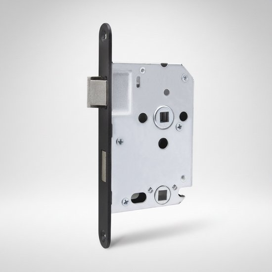 Een zwart insteekslot met een gepoedercoate voorplaat en een metalen dagschoot, zilverkleurige nachtschoot. Details zichtbaar.