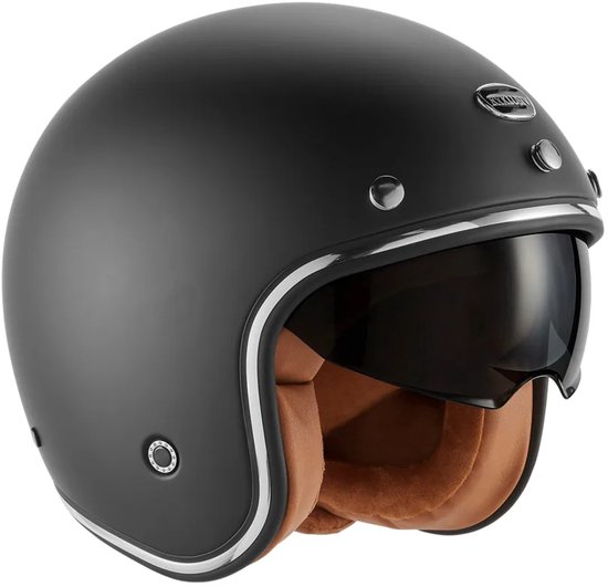 Nox Mat zwarte Jethelm - ingebouwd zonnevizier - Matzwart - ECE 22.06 gekeurd - Retro Vintage helm - jet helm - Maat L (59 t/m 60 cm hoofdomtrek)