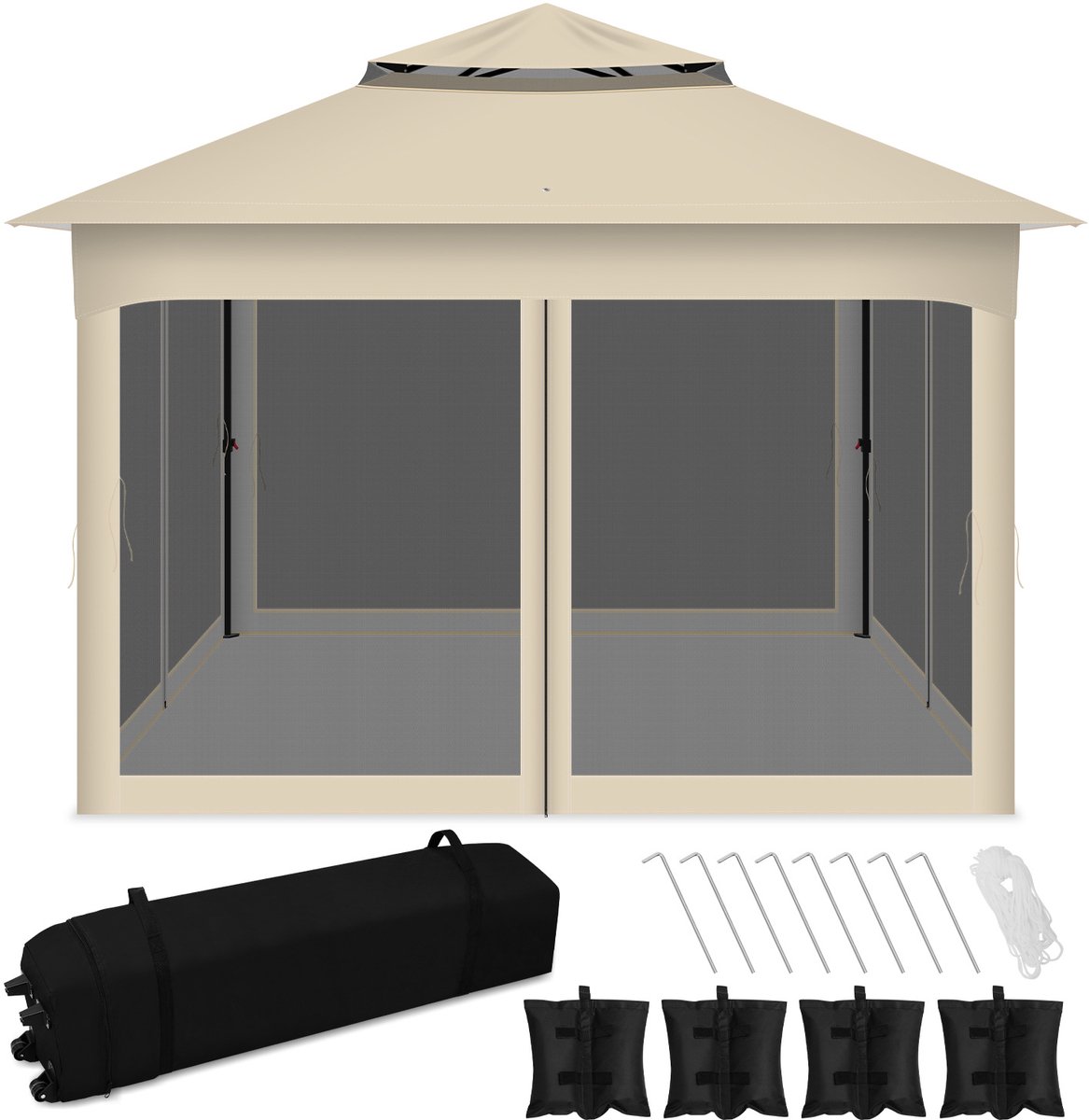 Partytent 3,3×3,3×2,68 m met klamboe – Stevig paviljoen met zandzakken & opbergtas voor tuin en terras, Beige