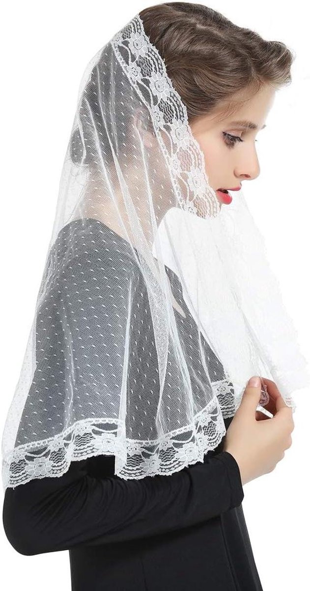 Dames Sjaal - Kant Sluier - Religieuze Gelegenheid - Handgemaakte Borduur - 105 cm Lengte - Wit
