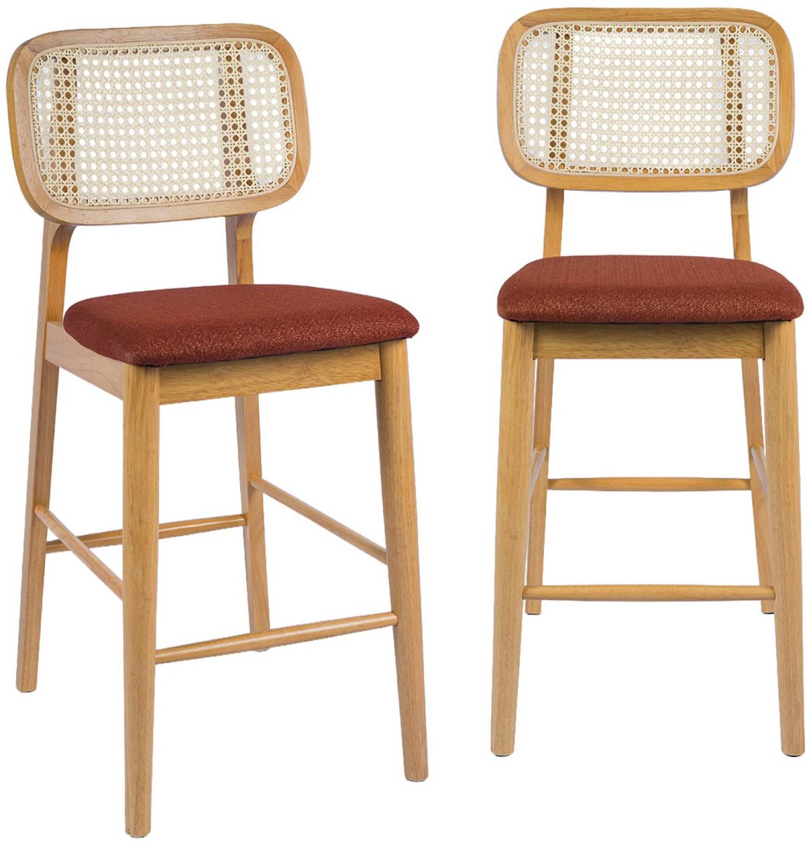 sweeek - Set van 2 barkrukken van rubberhout met rotan en stof 66,5 cm - mani