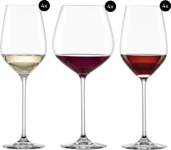 Trois verres à vin avec vin blanc, vin rouge et vin rouge, chacun avec une indication '4x'.