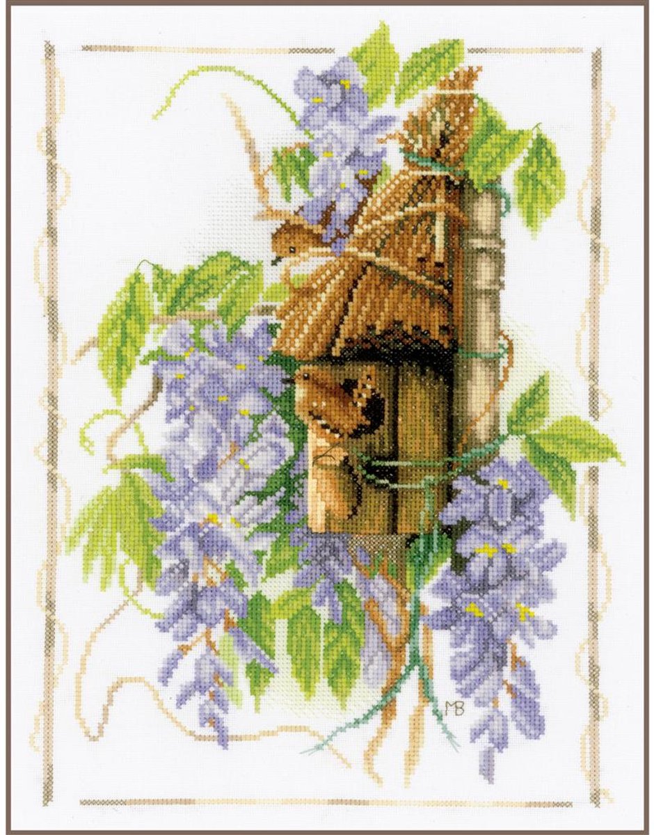 Lanarte Borduurpakket - Borduurset - Borduurpakket volwassenen - Telpakket kit - 27 x 34cm - Winterkoninkje tussen blauweregen - Marjolein Bastin - PN-0021208