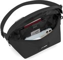 Zwarte Pacsafe GO Sling tas, open met een paspoort, telefoon en portemonnee. RFID-veilige voering.