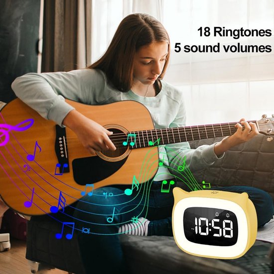 Children's Digital Alarm Clock, Dual Alarm Clock with Light, Digital, Cute Cats, Children's Alarm Clock, Bedside Light, Snooze Function, 18 Music, 5 Brightness Modes, Time Controlled Night Light, Alarm Clock — afbeelding 5