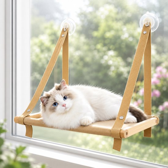 Een Ragdoll-kat met blauwe ogen rust op een beige kattenhangmat bij het raam.