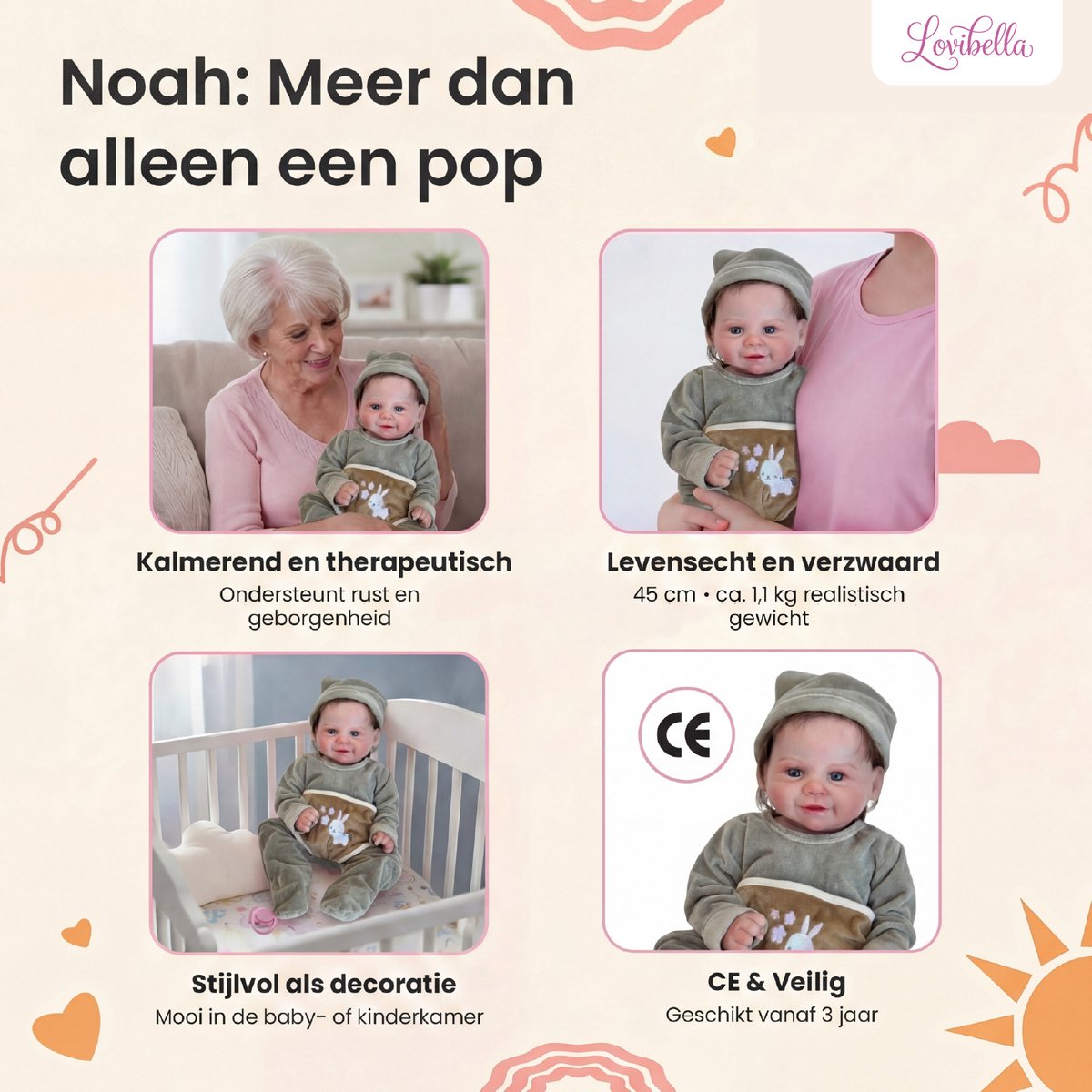 Lovibella® Noah Reborn Baby Pop Meisje - Levensechte Babypoppen - Dementie poppen - 45 cm - Complete Accessoires Set - Realistische Poppen - Zoals Echt - Zacht Vinyl - Doll Speelgoed 3 Jaar — afbeelding 2