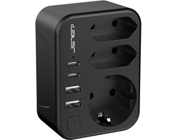 JSVER International Plug Adapter, Travel Plug Adapter, Type B Adapter 3 slots with 2 USB C & 2 USB A (3.4A 17W) Charging Ports,Global Travel Adapter-Black(EU US)