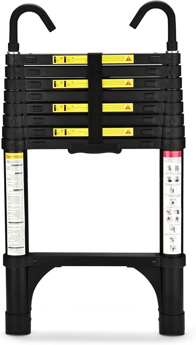 HBTower Telescopic Aluminium Lightweight Extendable and Extendable Folding Ladder for Attics, Caravans, 150 kg Load Capacity Black