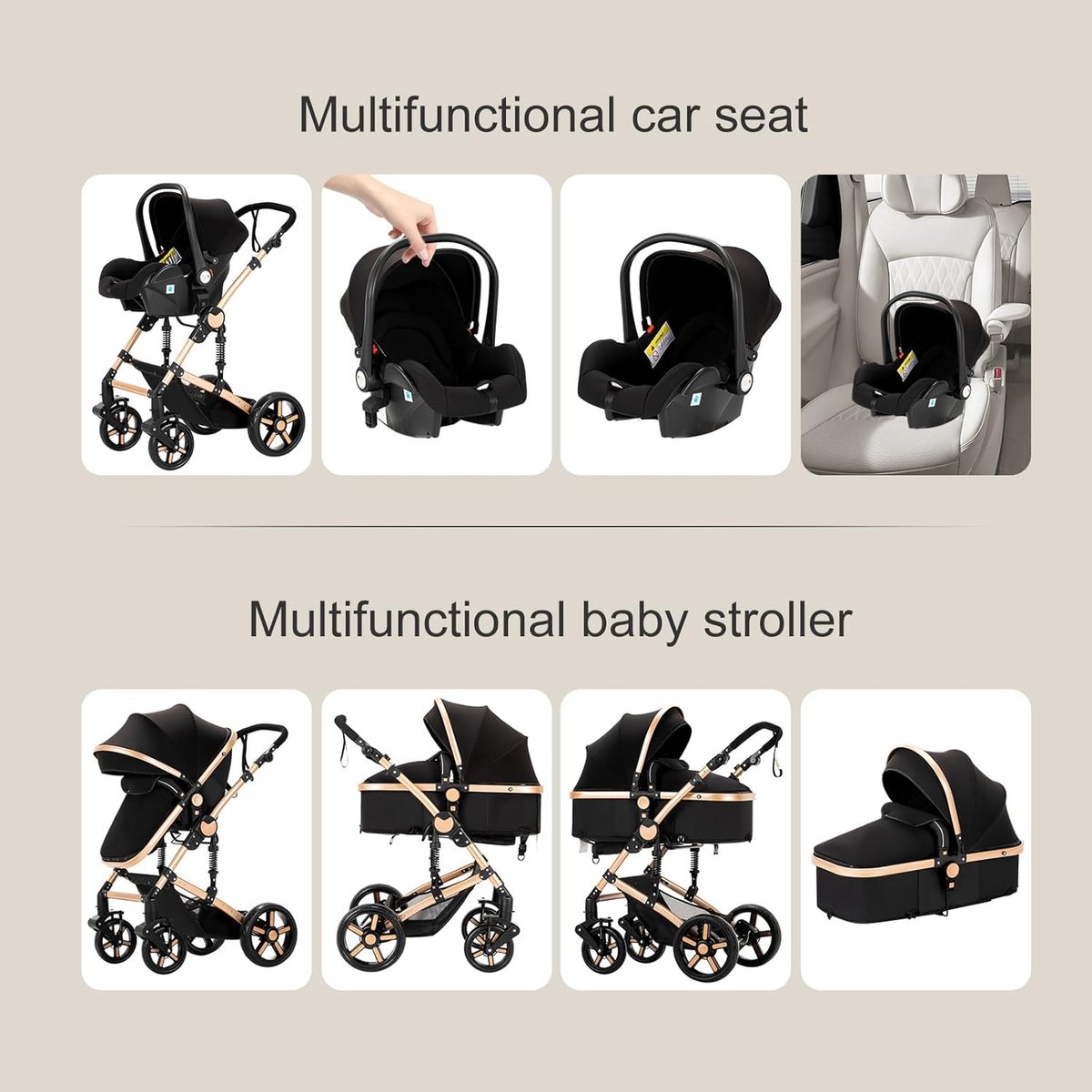 Baby Stroller 3-in-1, Pushchair with Reversible Sliding Modes, Aluminum Alloy Frame, Baby Stroller, 3-in-1 Set, One-Click Folding Design, High Landscape (588 Black Gold) thumbnail 2