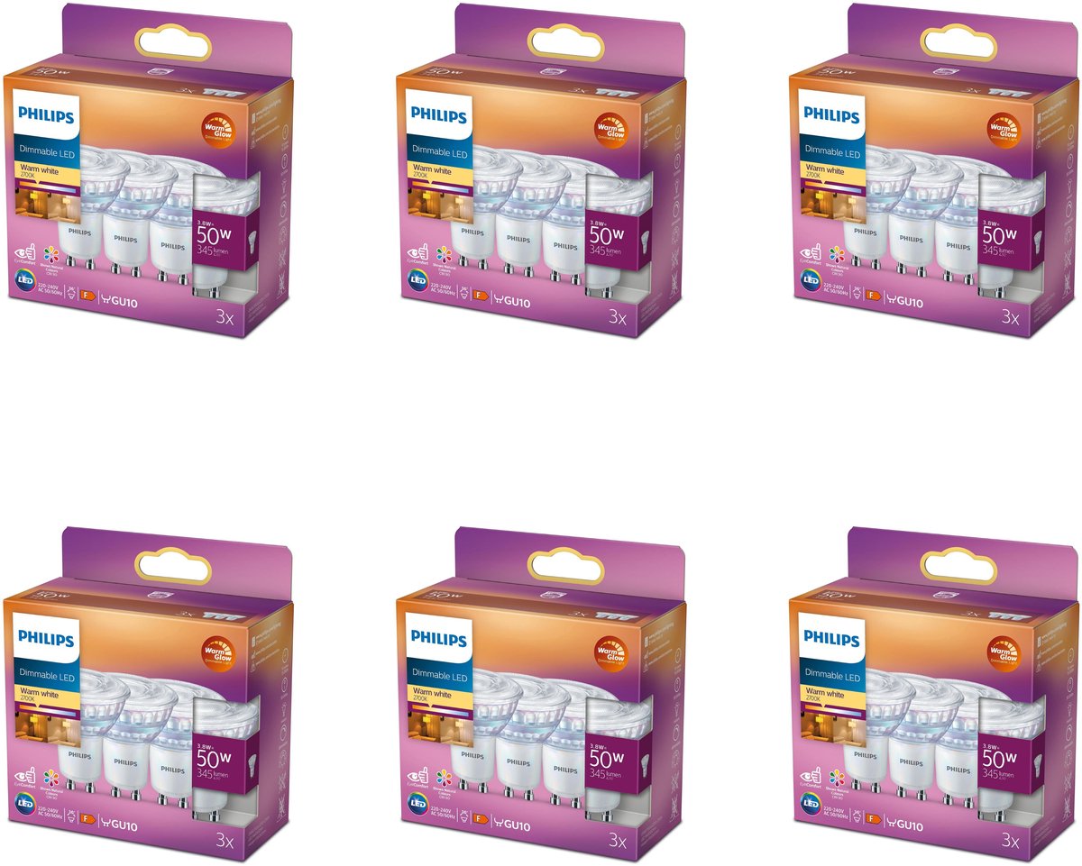 Philips Voordeelverpakking - GU10 - LED Spotlamp - 50W - Dimbaar - Warmwit Licht - Set van 18 Stuks