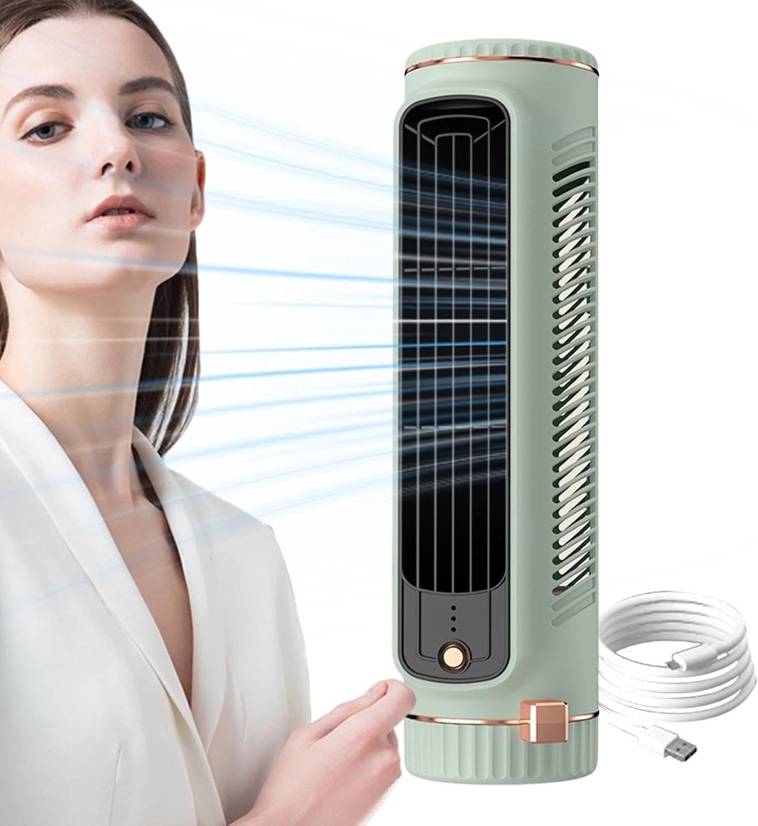 Persoonlijke draagbare ventilator — Bladloze torenventilator — Multifunctionele tafelventilator — Horizontaal en verticaal te gebruiken — USB-voeding — 3 windsnelheden — Ideaal voor kantoor, woonkamer en slaapkamer — Groen – foto 6