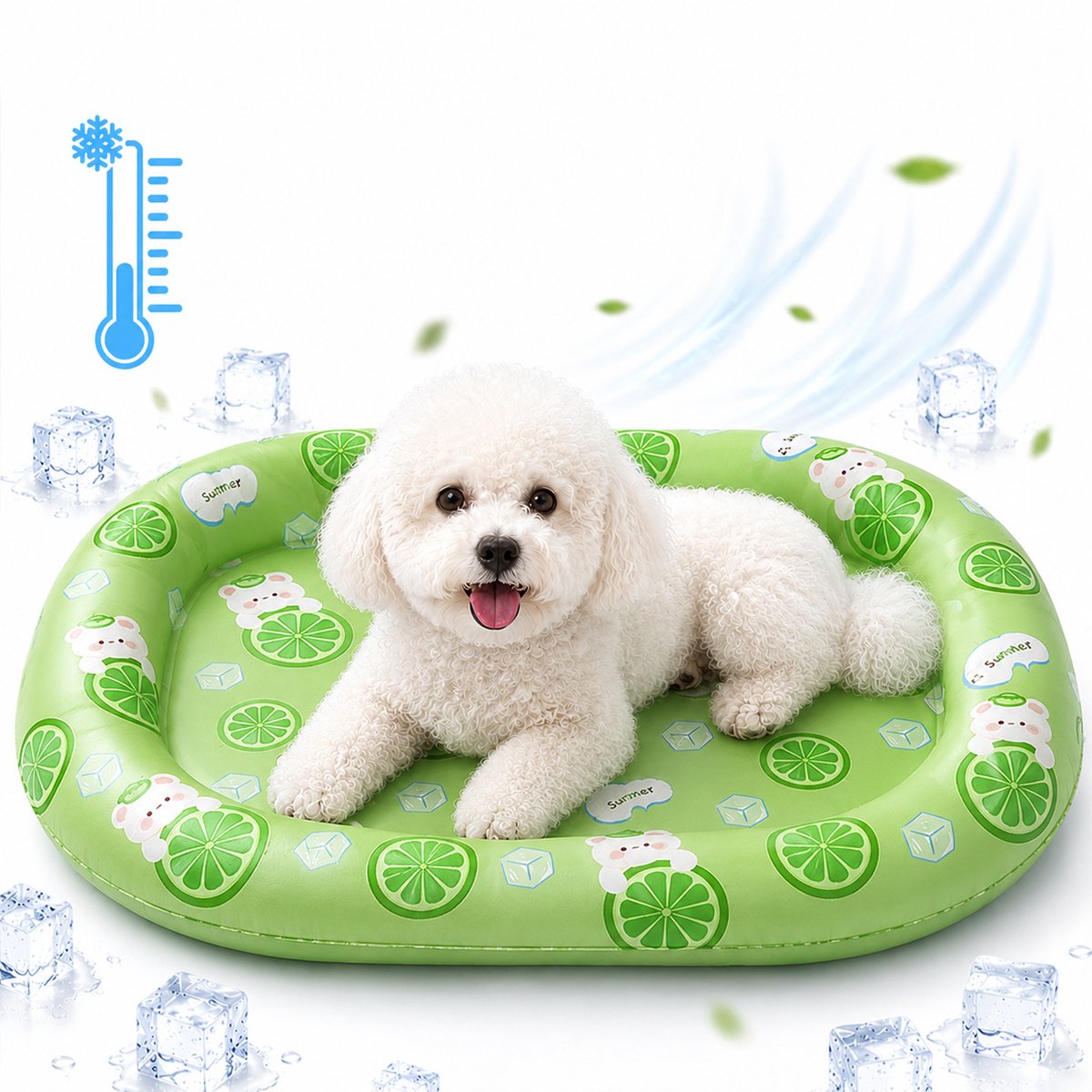 Koelmat voor Honden - Zelfkoelende Hondenmat - Zomer Koelkussen - Gelkoelbed - Fysieke Koeling - Hoge Rand - PVC Waterdicht - Voor Katten & Kleine Honden - Geen Elektriciteit - Groen Met Limoen & Beer - 72x48cm - 1 Stuk