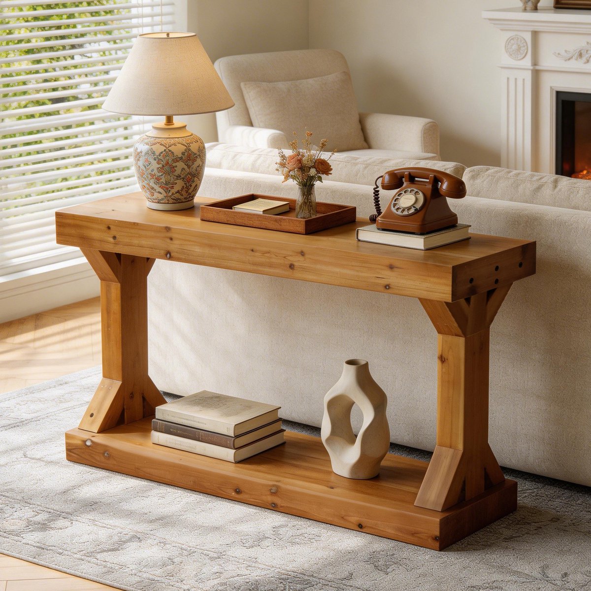 FATIVO Consoletafel - Houten Sidetable - Haltafel - Bruin - Landelijke Stijl - 120x30x75.5cm - Console Tafel voor Hal, Woonkamer, Entree