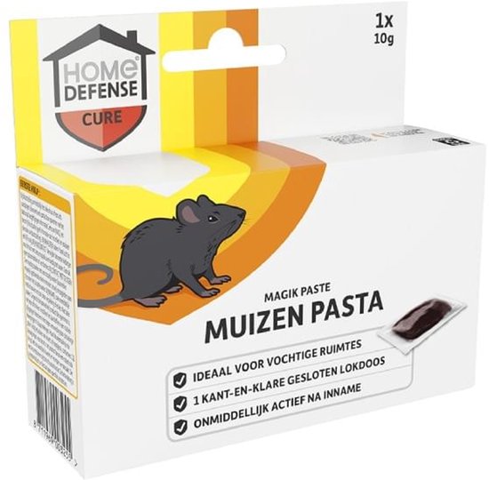 Verpakking van KB Home Defense muizenpasta. Met een illustratie van een grijze muis en een zakje lokmiddel.
