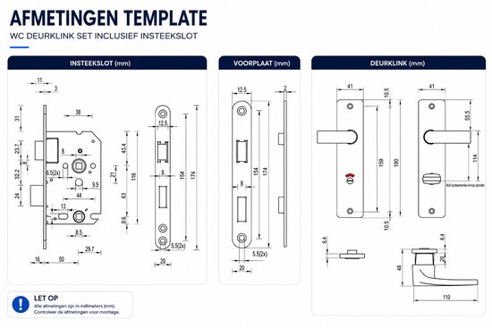 Technische tekening met afmetingen van insteekslot, voorplaat en deurklink.