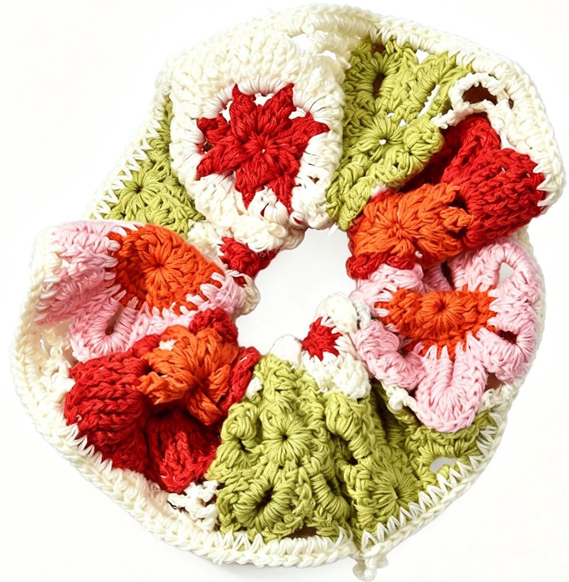Scrunchie - gebreid - bloemen - 14 cm
