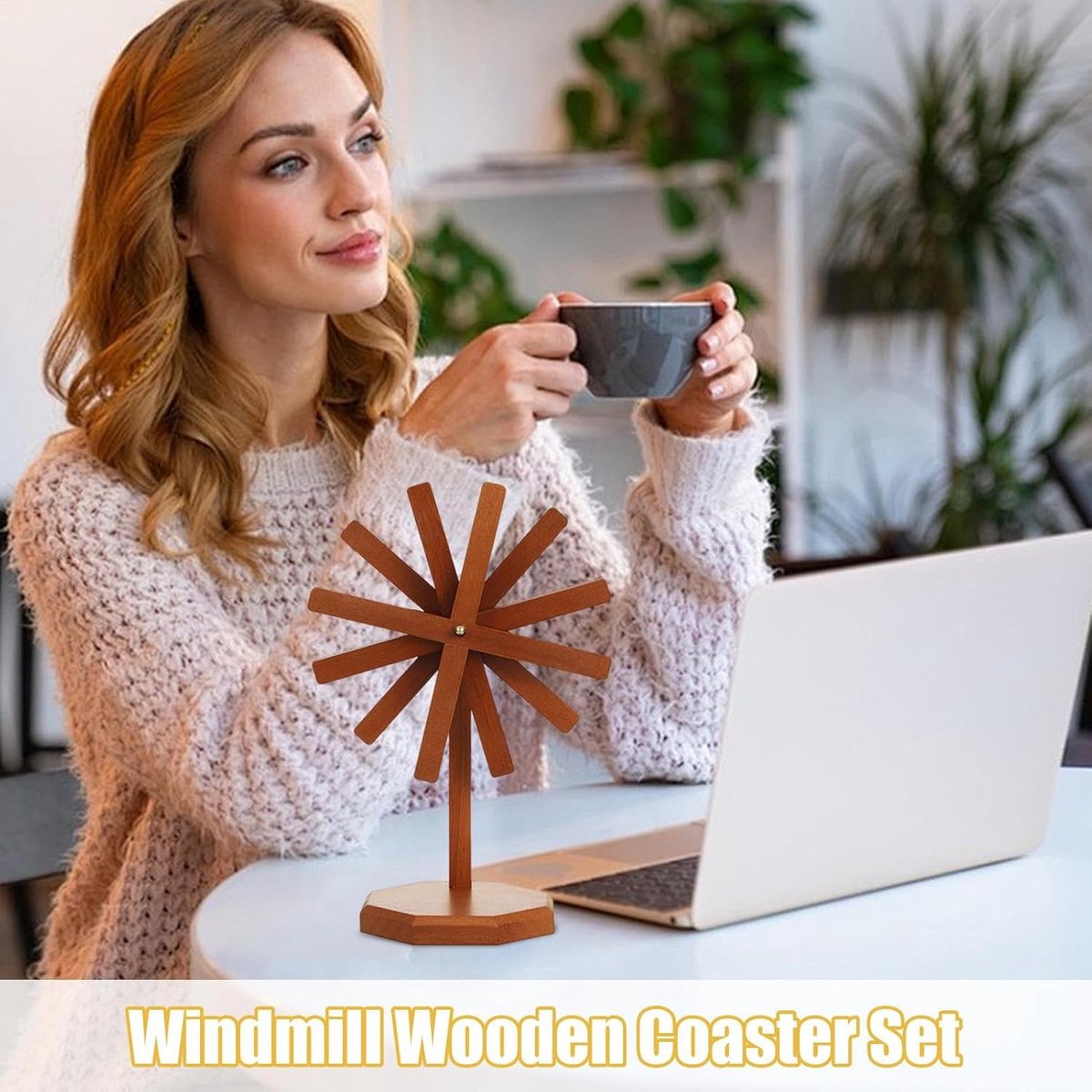 Houten onderzetters - Windmolen vorm - Tafel beschermen - Uniek design - 20 x 20 cm - Bruin