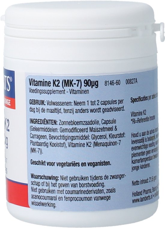 Achterkant van de verpakking met ingrediënten en gebruiksaanwijzing. Lamberts Vitamine K2 (MK-7) 90µg.