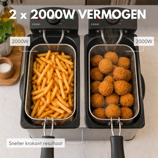 COOK-IT Dubbele Frituurpan 6L - Friteuse 2 x 3 Liter - 2 Aparte Manden - Temperatuur Apart Instelbaar 115-190°C - Voor Friet & Snacks - Zwart