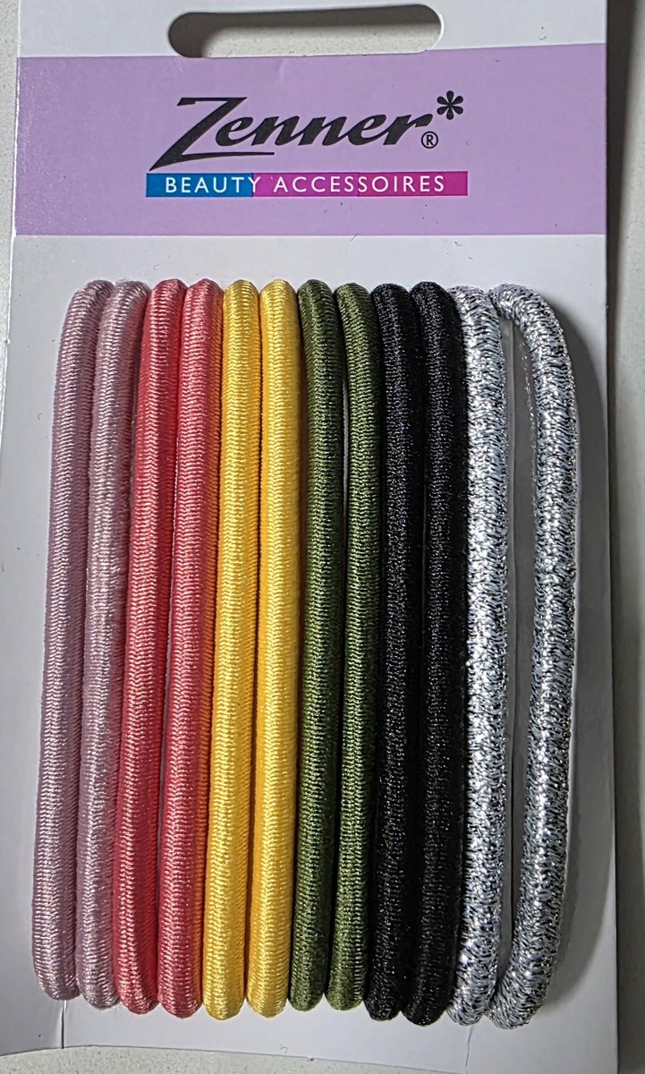 Zenner art 001669 - 12 haarelastieken metalfree - gekleurd - lila roze geel groen zwart zilver - metaalvrij - 5mm dik
