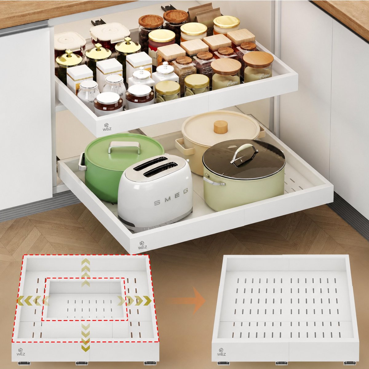 W&Z Schuiflade keukenkast– Keukenkast Organizer – Gootsteenkast/Lade Organizer - binnenlade keuken – Uittrekbaar - Breedte Verstelbaar (29-48 cm) – Diepte verstelbaar (41.5 - 55cm) Telescopisch – Zonder boren - Wit - 2 stuks - Schuif lade