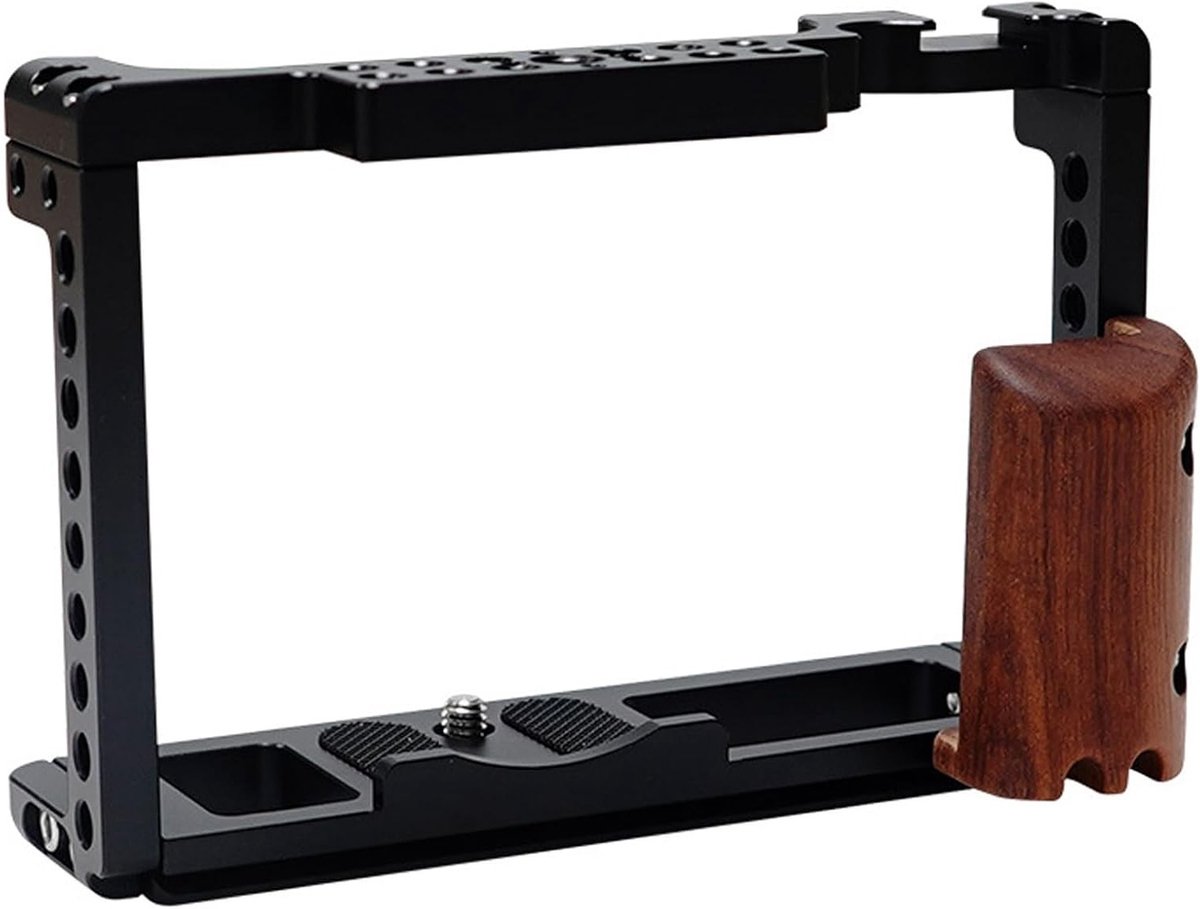 Aluminium Vlog Cage voor Digitale Camera's - Stabilizer met Koude Schoen Bevestiging, 1/4" en 3/8" Draadgaten, Houten Zijklem voor Verbeterde Grip en Stabiliteit