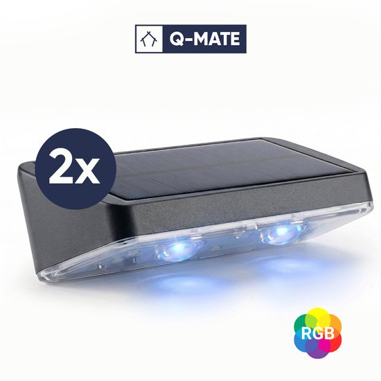 Zwarte Q-Mate solar wandlamp met zonnepaneel en blauwe verlichting, 2x.