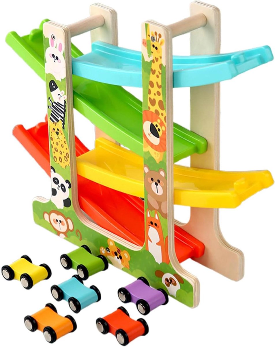 Racebaan Helling - Autootjes Baan - Kinderen Leren Spelen - Duurzaam Houten Ontwerp - 30 x 26 x 7 cm