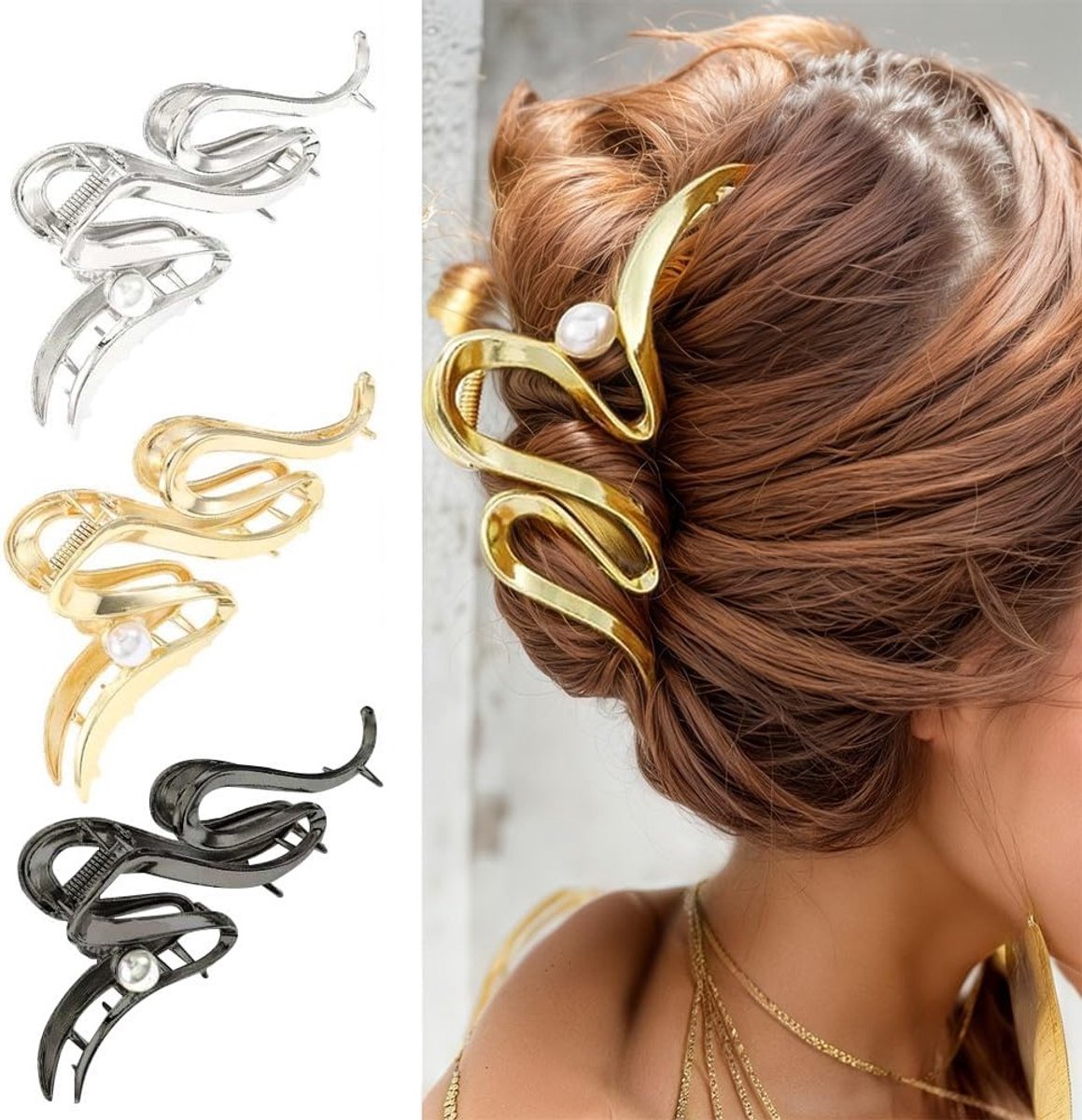 3x Luxe Haarspelden met Golvende Parels voor Dames - Elegante Metalen Haaraccessoires