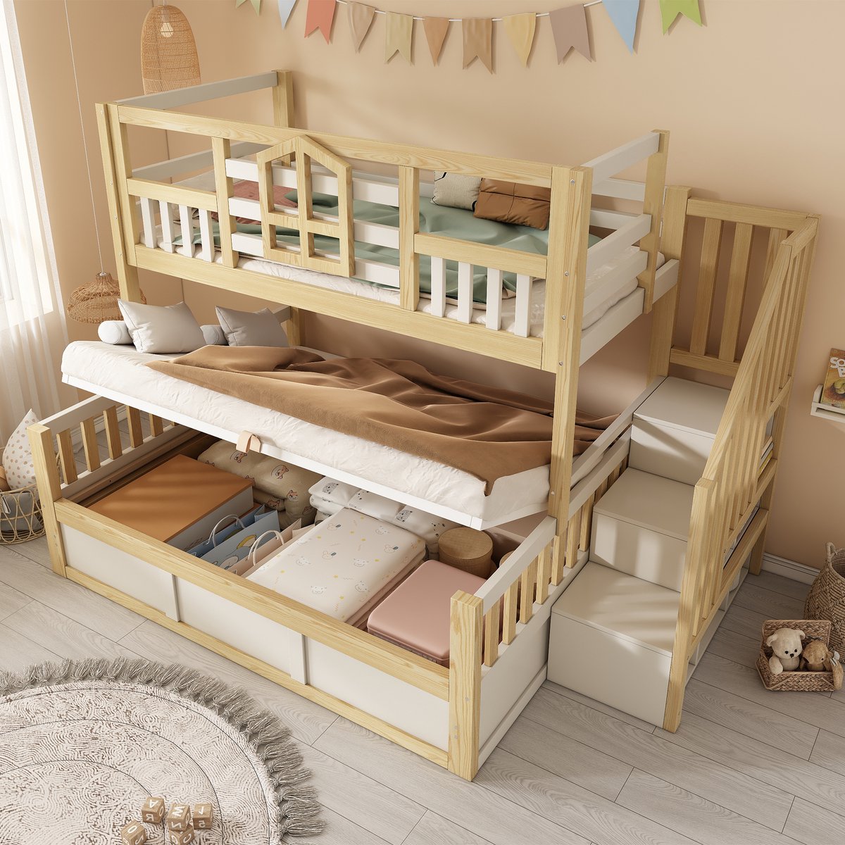 Kinderstapelbed - Huisbed Met Opbergladder En Hydraulische Opbergruimte - 90/140x200 cm - Wit Hout