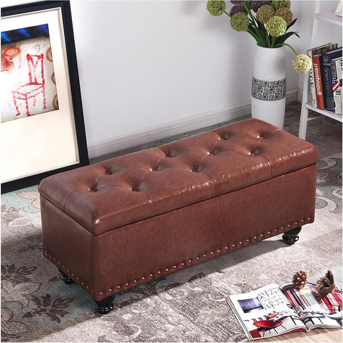 Opbergbank Gestoffeerd - Ottoman Poef - Zitplaats en Opslag - Massief Houten Frame - 40x40x45cm - n