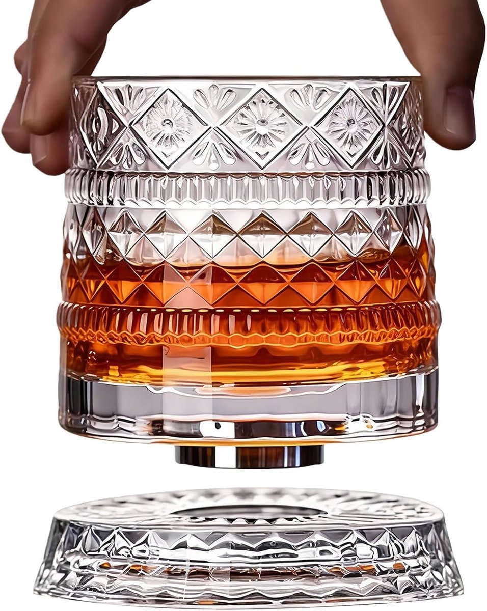 JeiibrZui Kristal Whiskyglazen Set - 360° Draaibaar Design - 2 Stuks - 10,5 x 9,3 cm - Voor Thuisbar, Verjaardag en Feesten