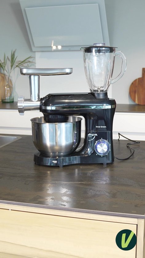 Vivid Green 2000W Keukenrobot - 6.2L - Alles-in-een Keukenmixer - Mixer met Mengkom - Keukenmachine - Gehaktmolen en Blender- Pastamachine – Zwart