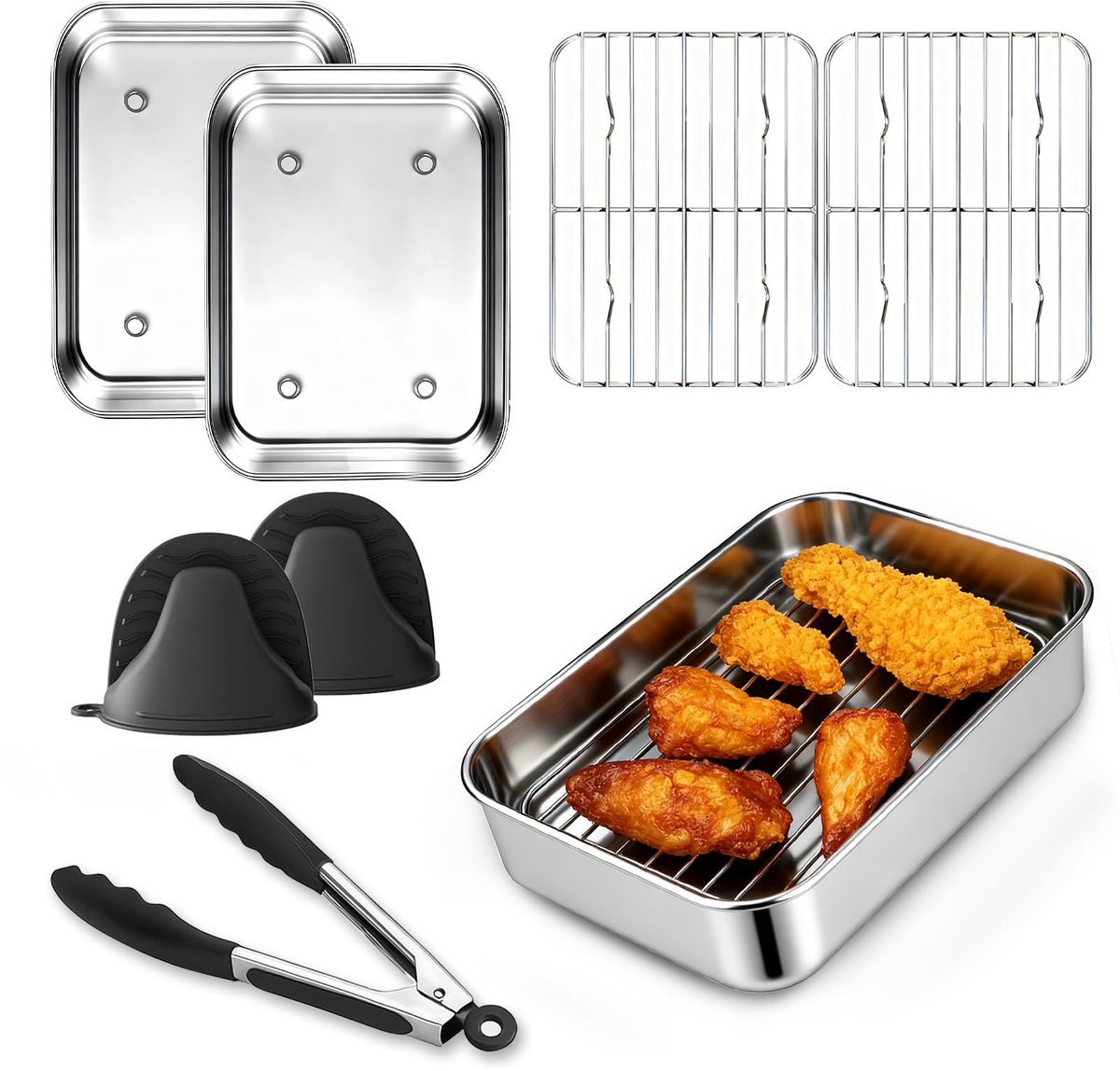 Airfryer Accessoires voor Ninja Dual Zone & FlexDrawer - 6-delige Airfryer Set voor AF400EU AF451EU AF500EU - Met 2 Bakvormen, 2 Grillroosters, Siliconen Tang en Handschoenen - RVS 304