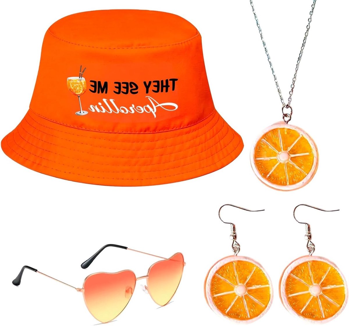 Vrouwelijk Kostuum Set van 4 met Oranje Vissershoed, Grappige Zonnebril, Hartvormige Ketting en Oorbellen voor Carnaval, Zomerfeesten en Festivals