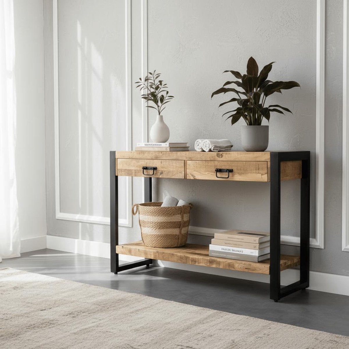 Sidetable Industrieel Mangohout en Staal - 120 cm x 35 cm x 76 cm - Side Table Industrieel Met Lades - Sidetable met lade Hout - Landelijk Hout - Wandtafel Sidetable - Haltafel - Smalle tafel - 120cm x 35cm x 76cm - Makkelijke installatie