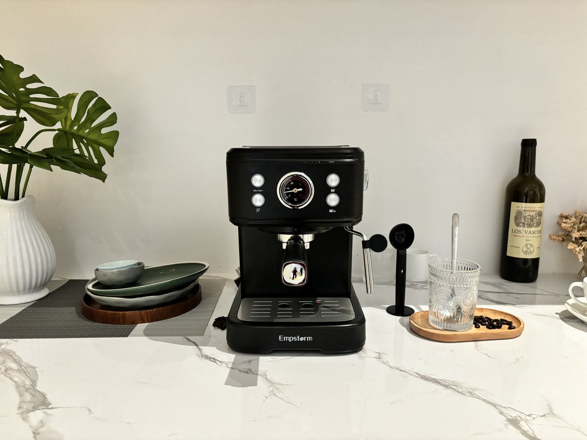 Empstorm EM‑04E Espressomachine 20Bar - 2-in-1 Capsule & Gemalen Koffie - PID Temperatuurregeling - 1,5L Watertank - RVS Filter- Warmhoudplateau - Thuis Kantoor Koffieapparaat Zwart — afbeelding 3