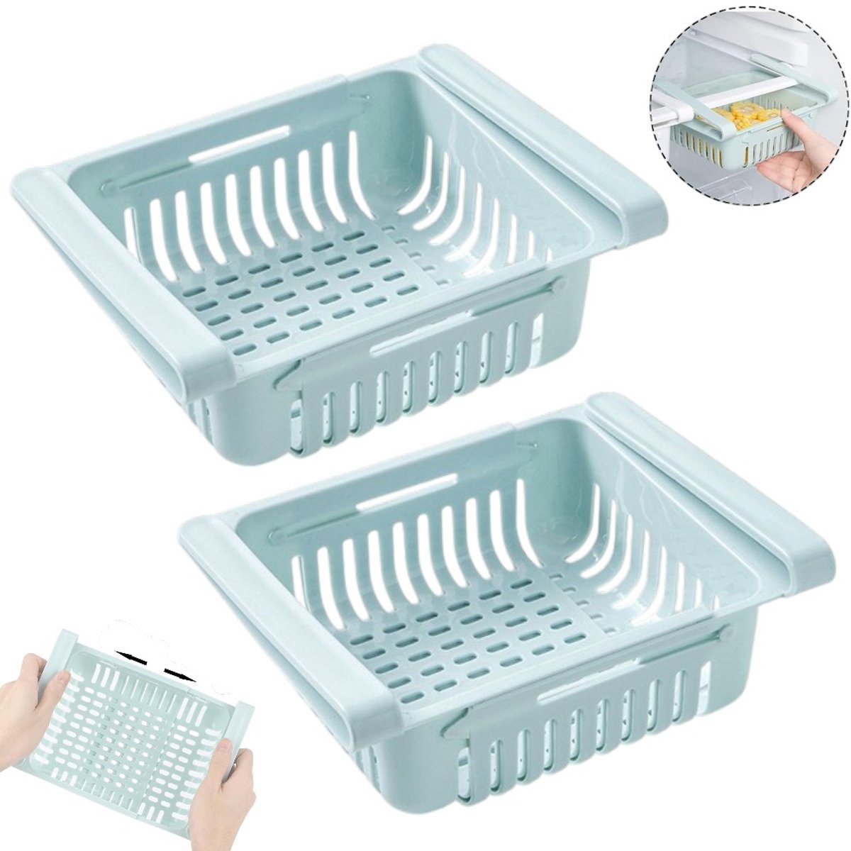 2 stuks - Koelkastlade-organizer - Uitschuifbare koelkastorganizer - Koelkastplank - Blauw - Uitschuifbare lade-opbergbox voor de koelkast - Voedselopbergbox voor de koelkast - Uitschuifbare koelkastlade