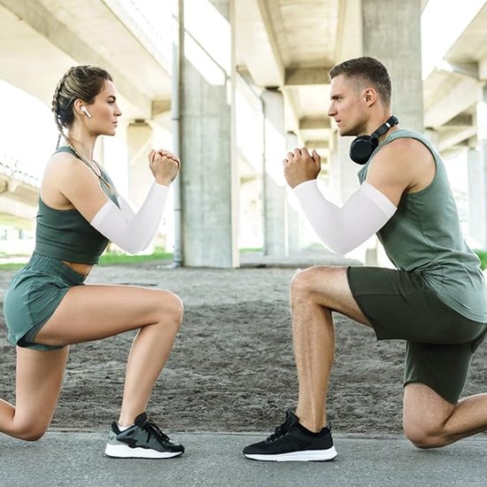 2 paars verkoelende armmouwen voor mannen en vrouwen - UPF 50 - UV-bescherming -zonnemouwen - tatoeage - bedekking - compressie - sportmouwen om armen te bedekken voor fietsen, autorijden, golf - Wit — afbeelding 4