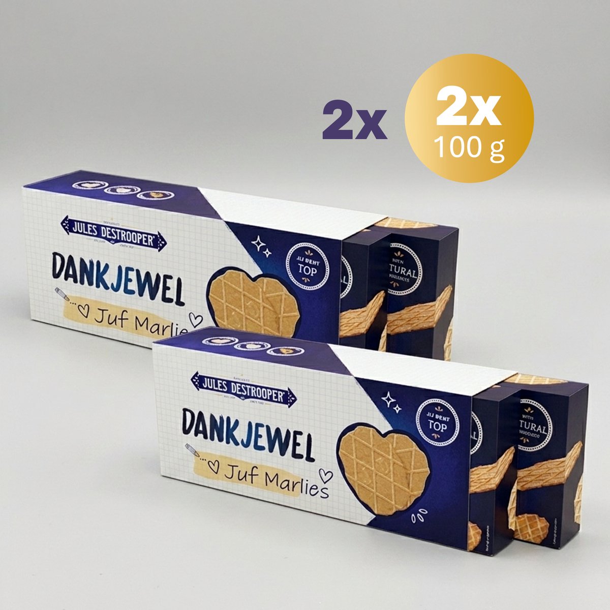 Jules Destrooper Koekjes in cadeauverpakking om iemand te bedanken – 2 sets van 2x100g met personaliseerbare ‘dankjewel’ hoes – perfect geschenk als Vaderdag cadeau of einde van het schooljaar