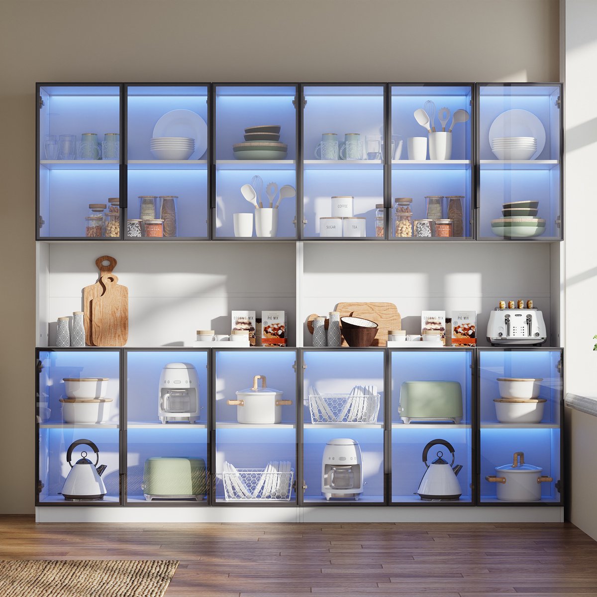 240x34x200 cm glazen vitrinekast met LED-verlichting - staande vitrine met 12 kastdeuren - hoge kast - woonkamerkast - wit